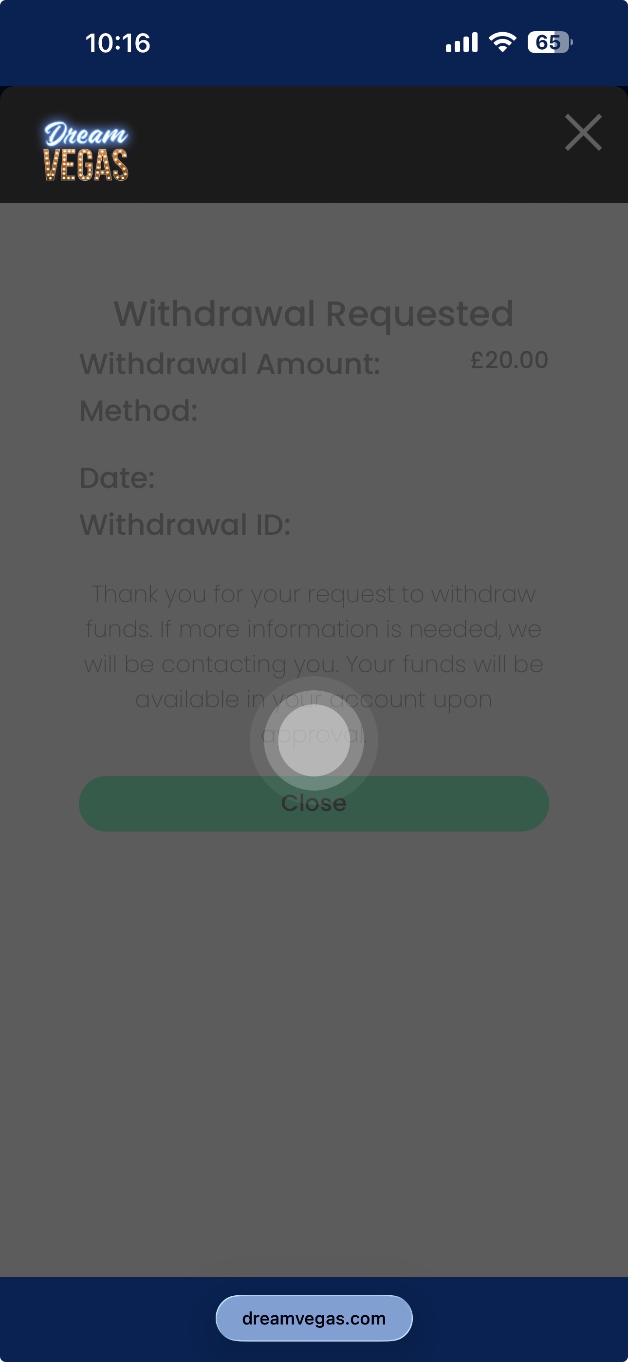 Dream Vegas Withdrawal Test Bank Transfer 5/2
