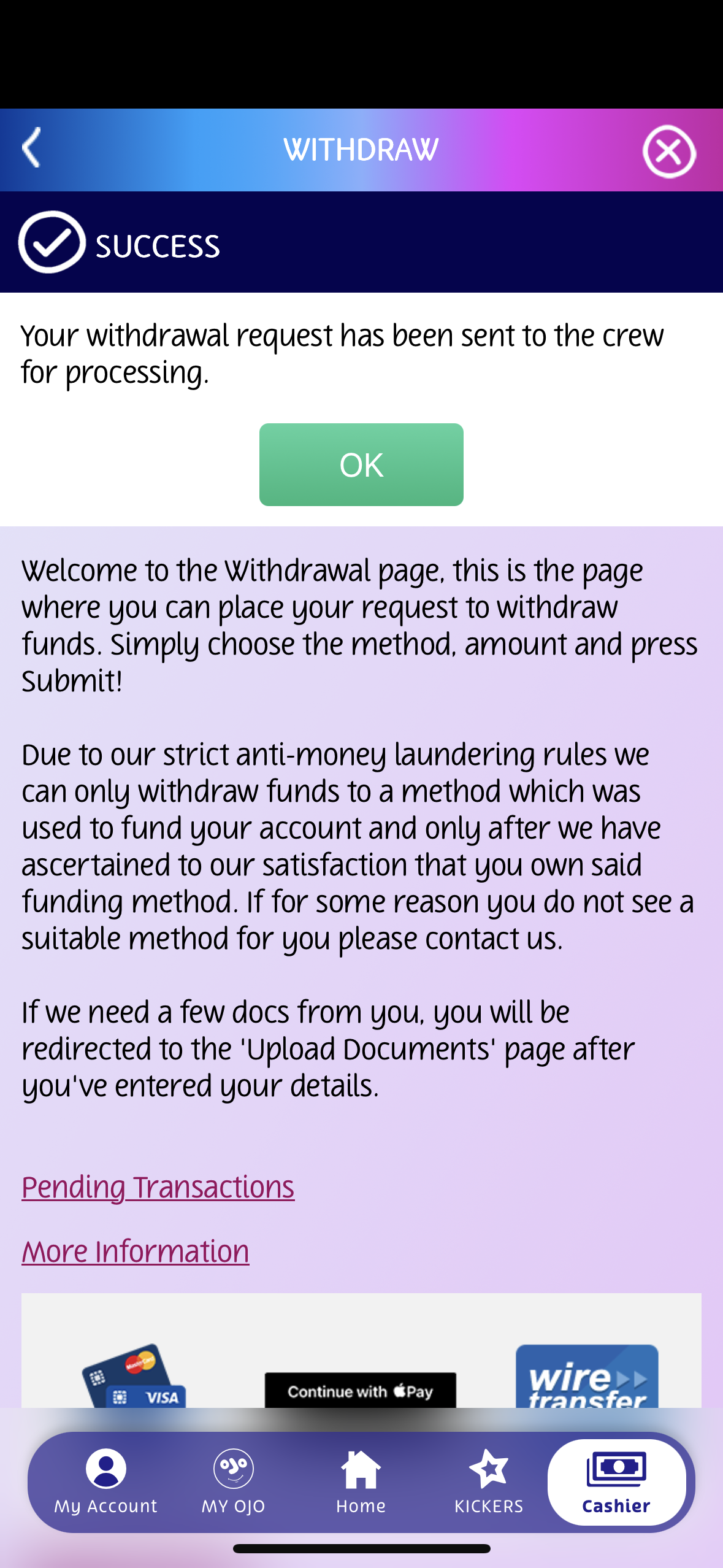 playojo apple pay withdrawal test request