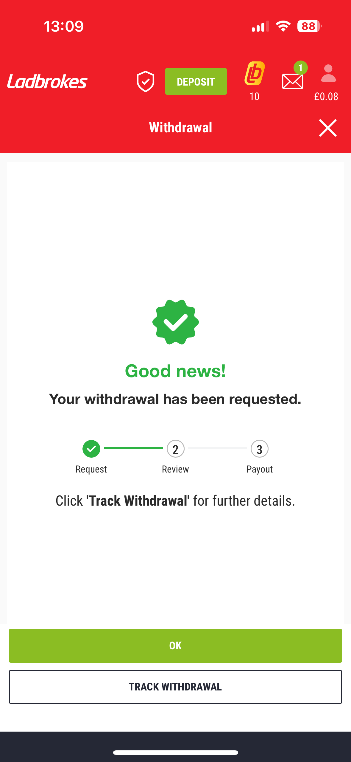 instant bank transfer withdrawal test request at ladbrokes