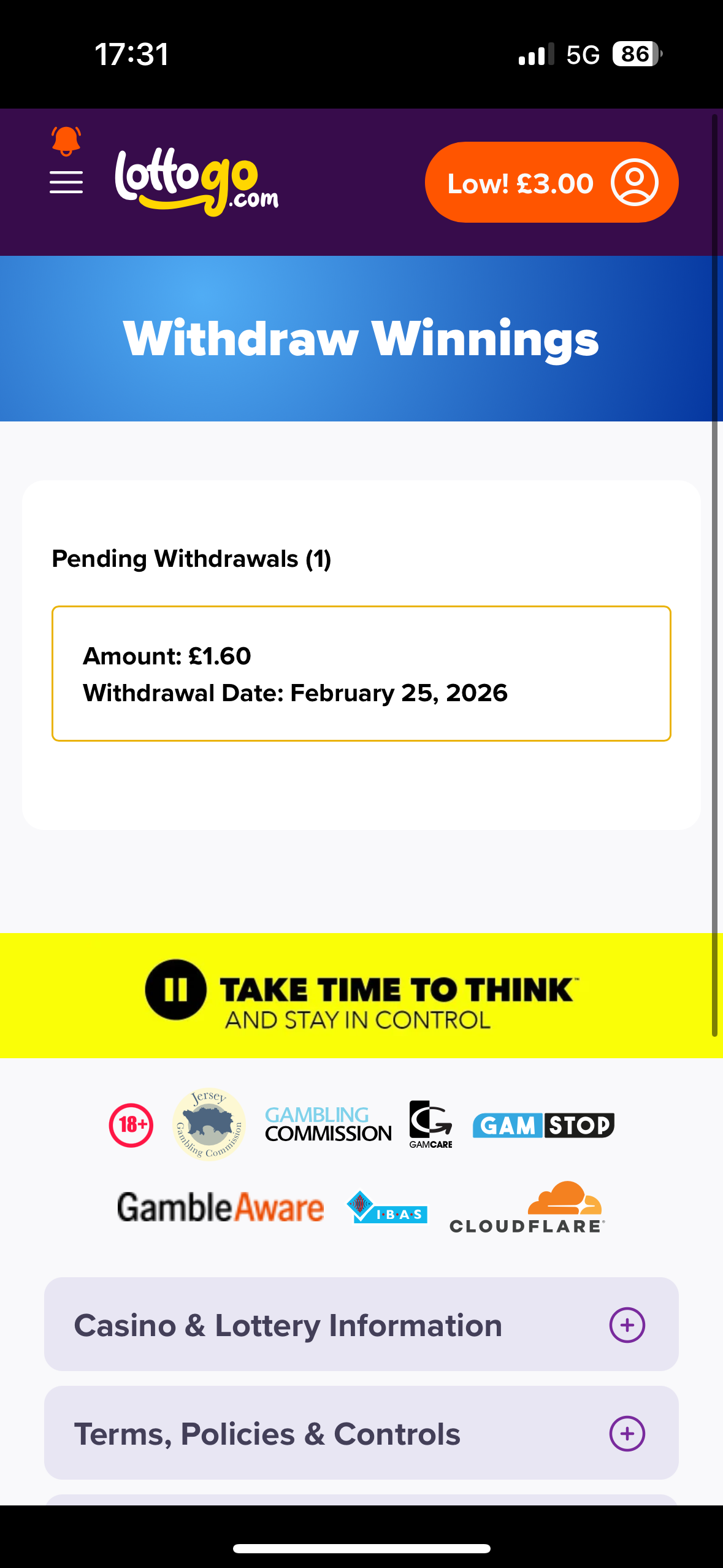lottogo visa withdrawal test request time