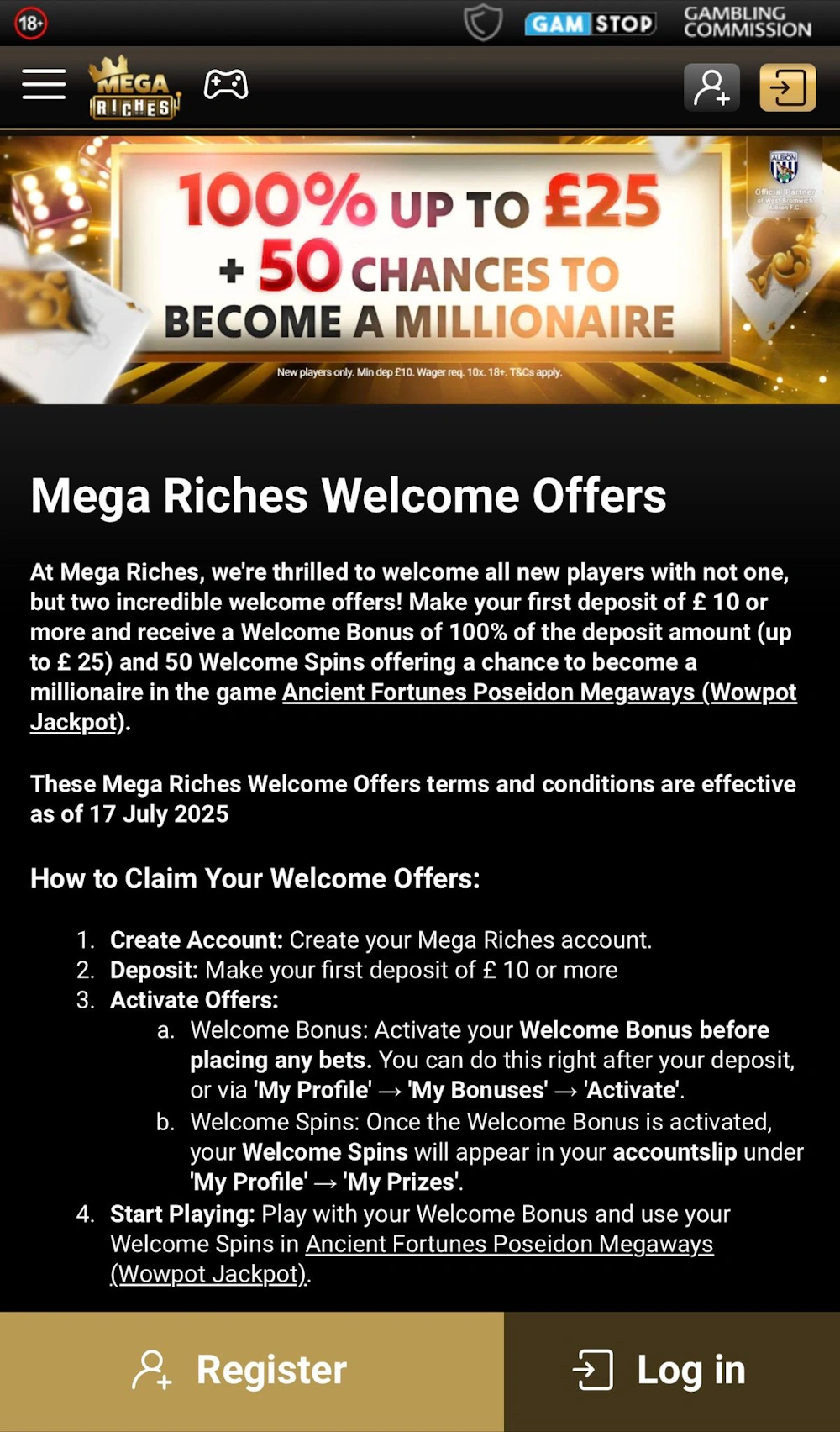 Mega Riches welcome bonus