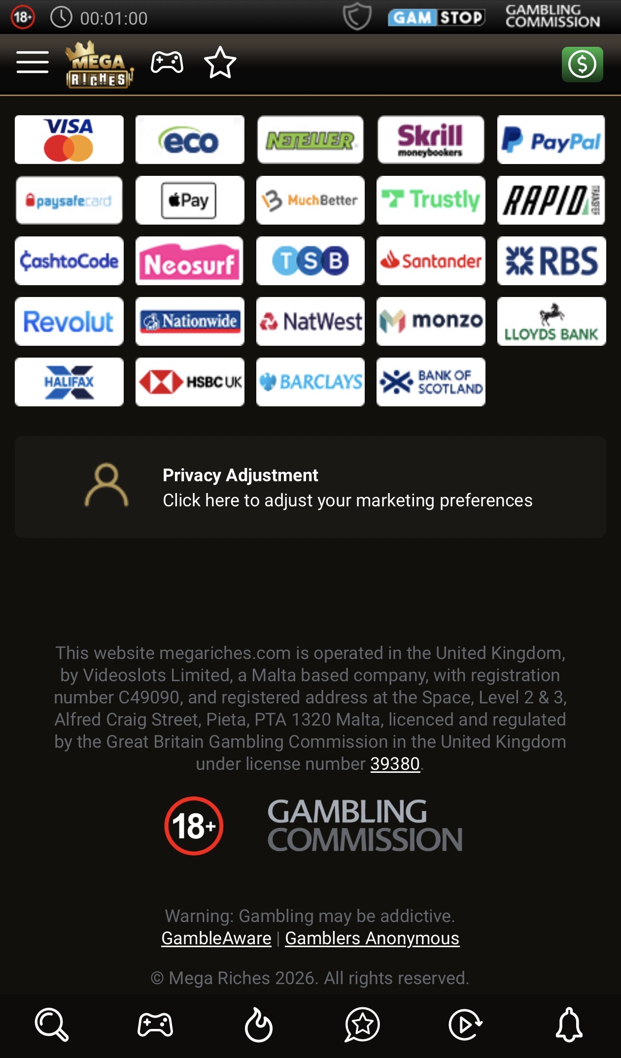 Mega Riches payment methods