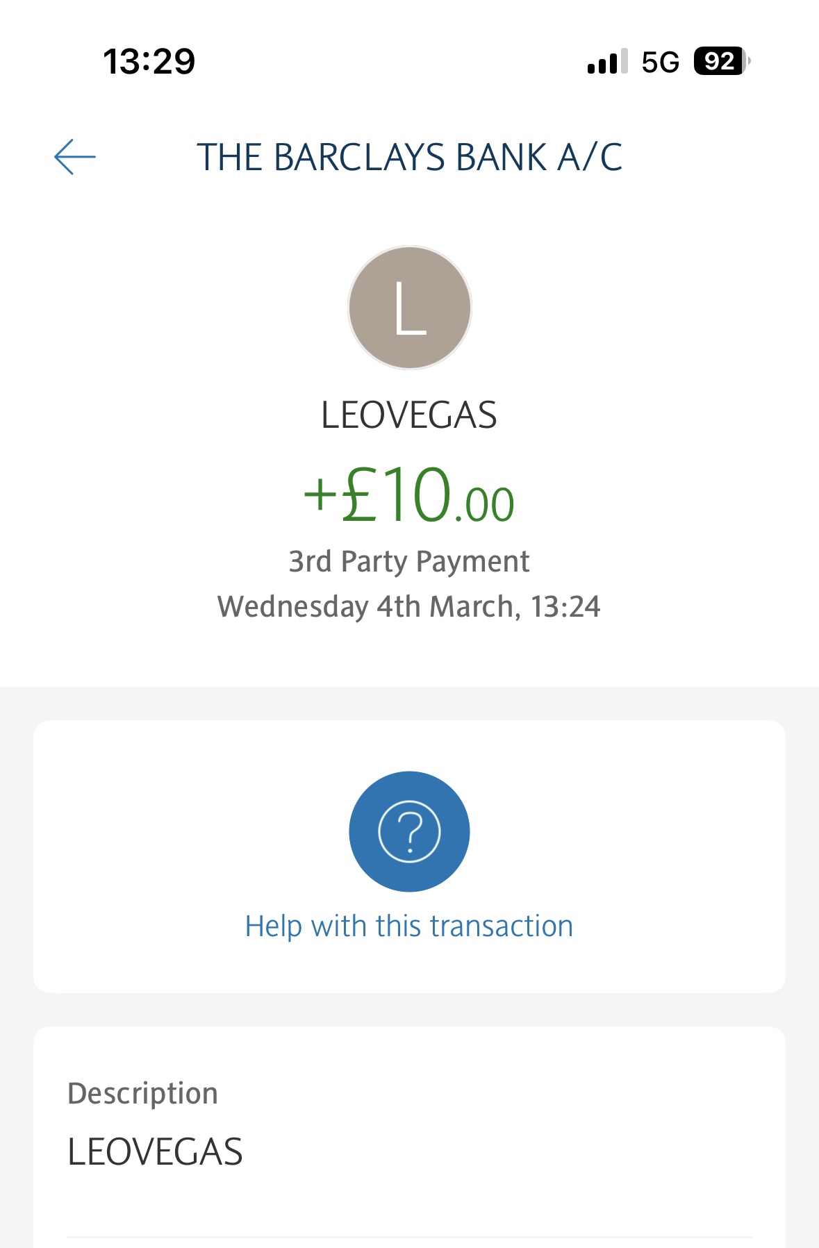 instant bank transfer test withdrawal completed at leovegas