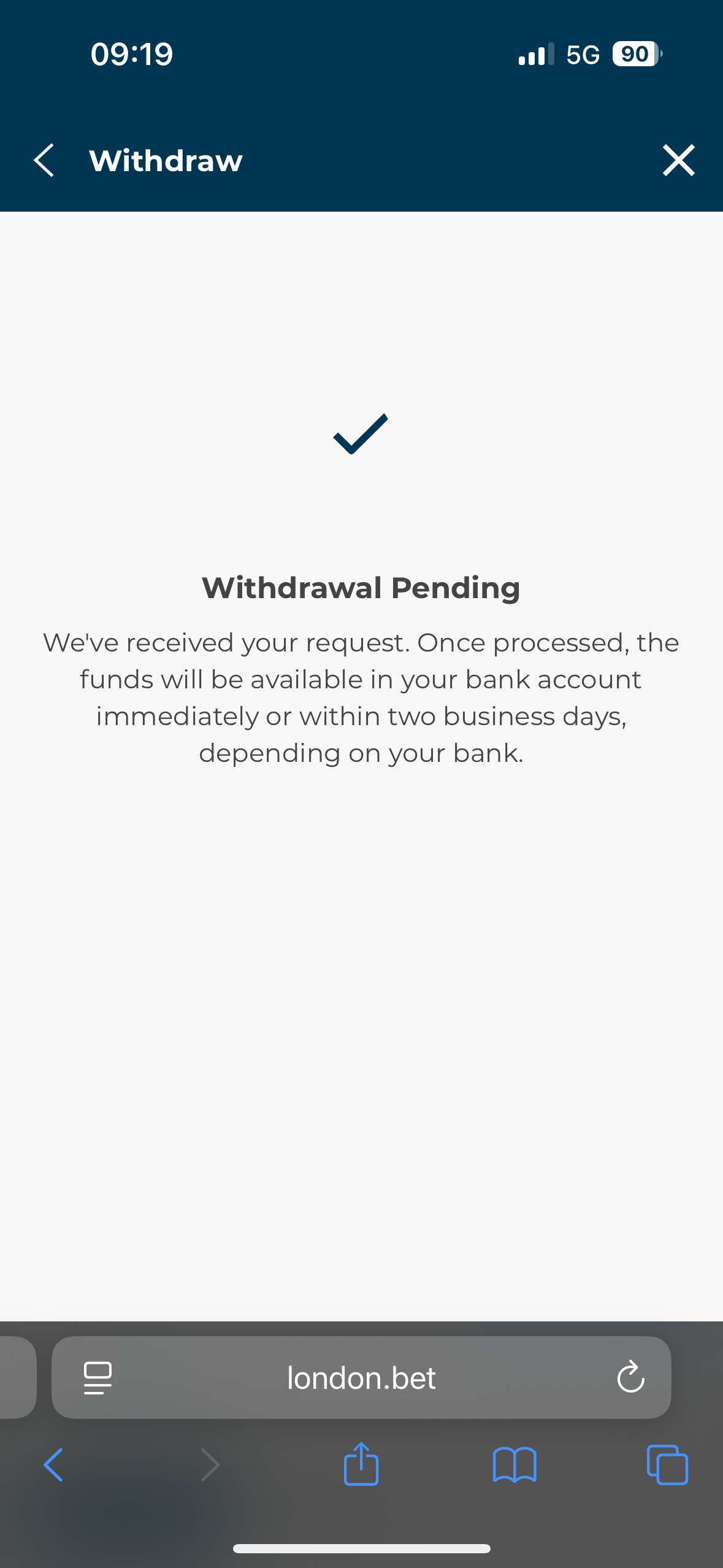 london bet visa withdrawal test request