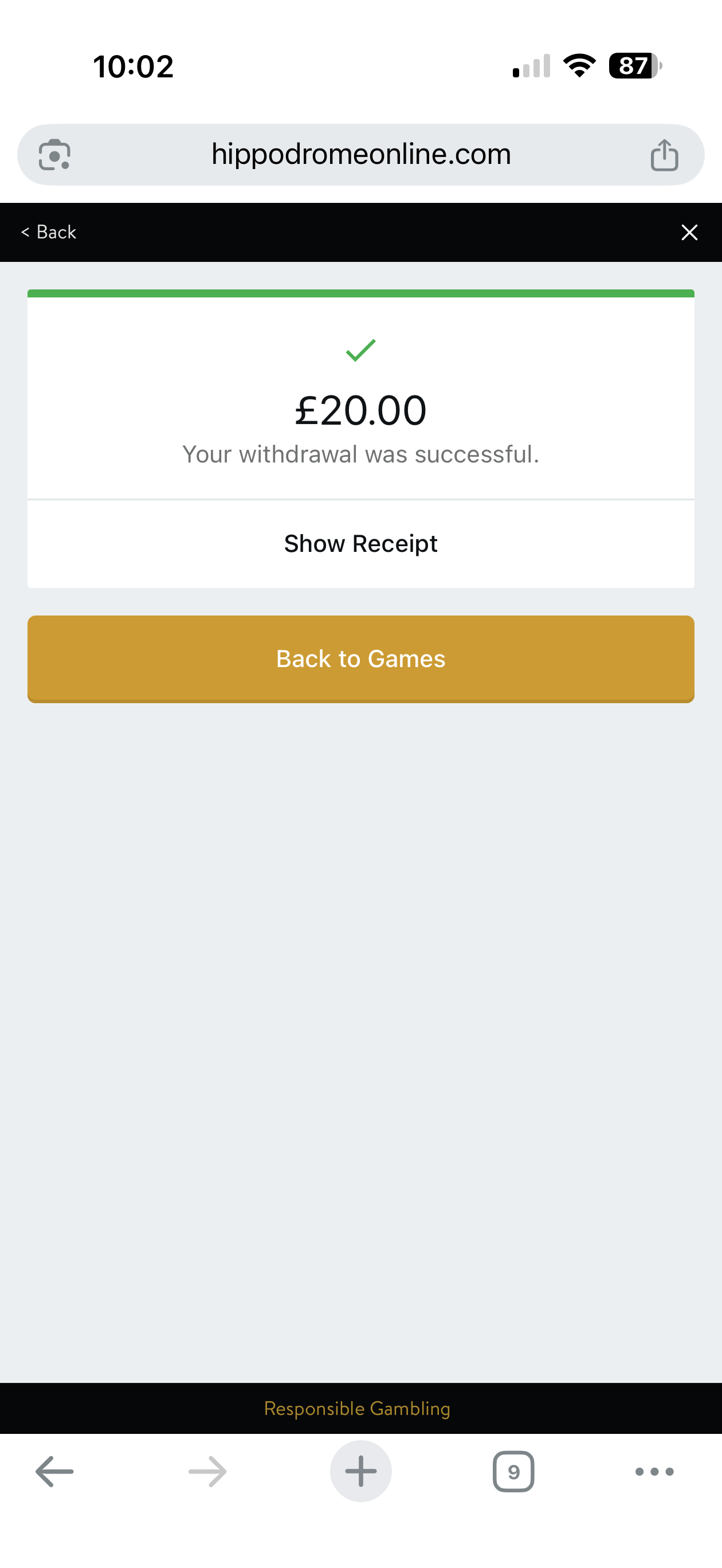 hippodrome withdrawal test request with visa debit card