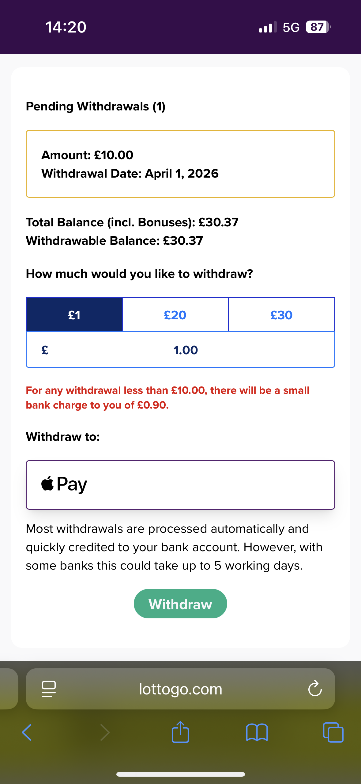 lottogo withdrawal test request with apple pay