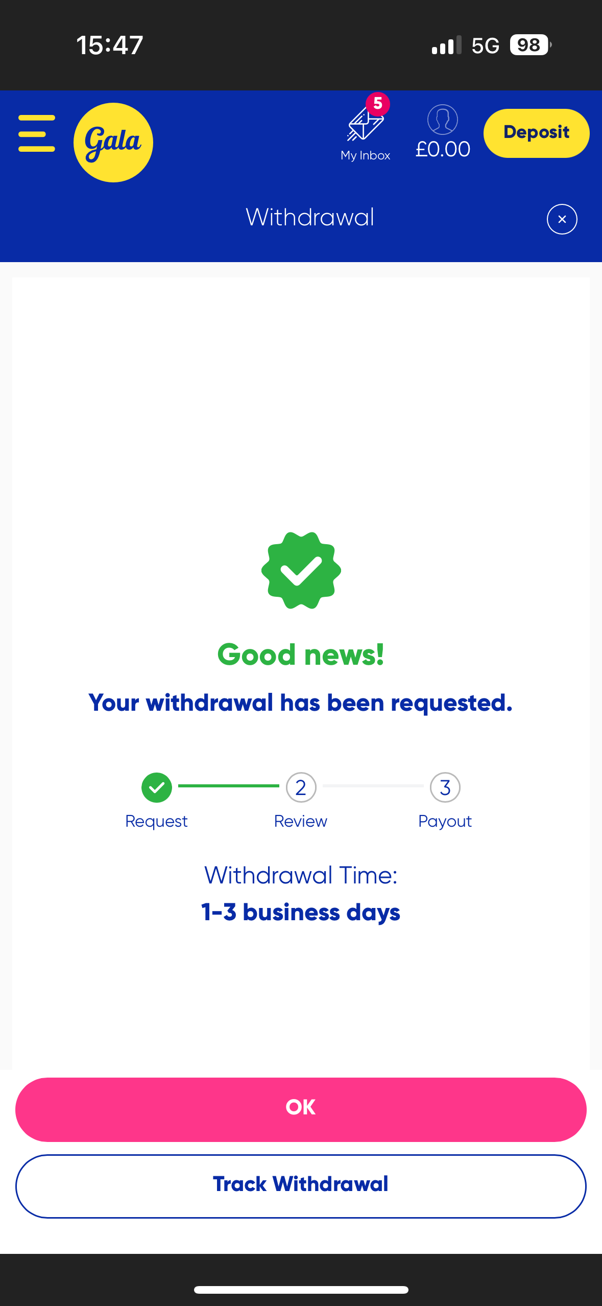 gala spins withdrawal time test with apple pay: request