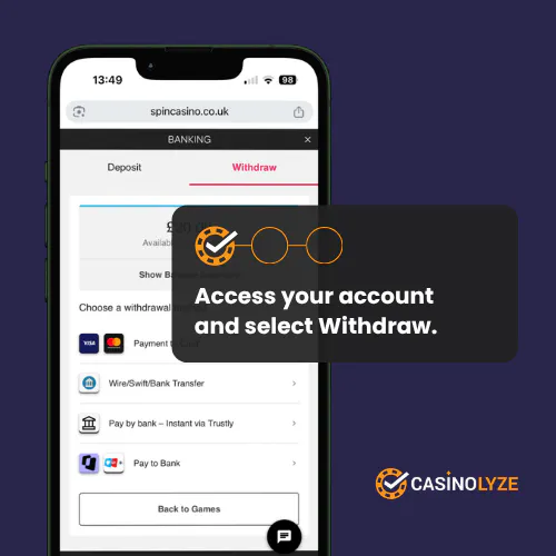 spin casino withdrawal process step 1