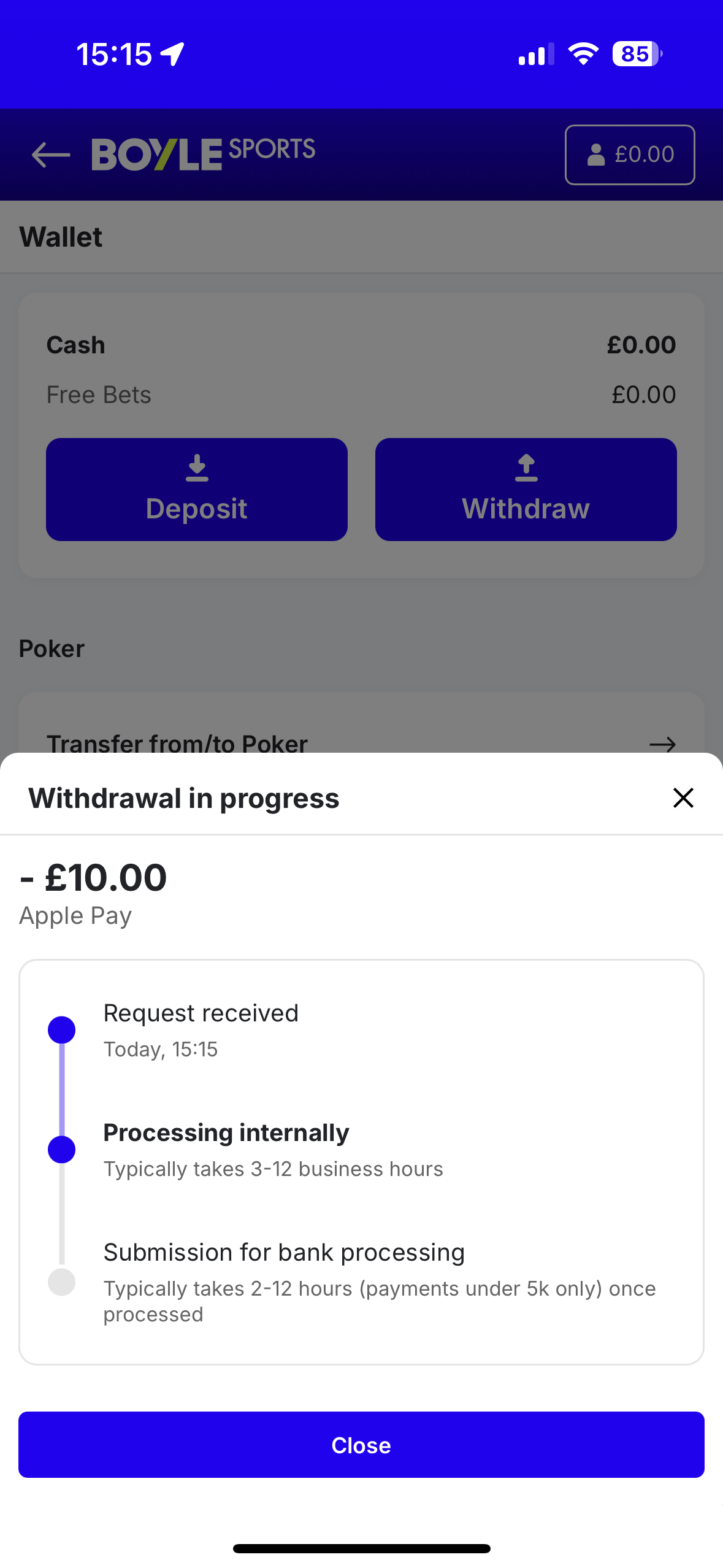 boylesports casino withdrawal test request with apple pay