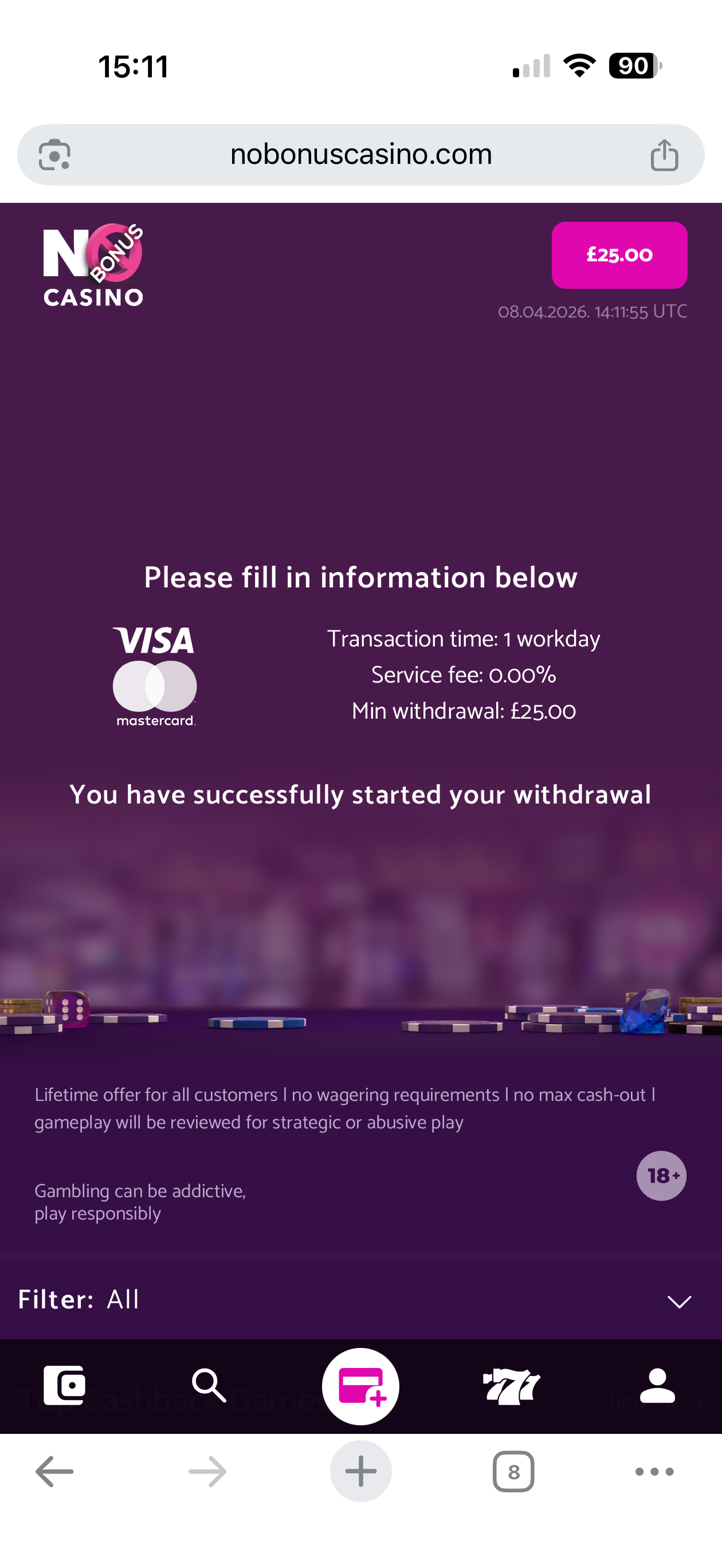 no bonus casino withdrawal test request with visa
