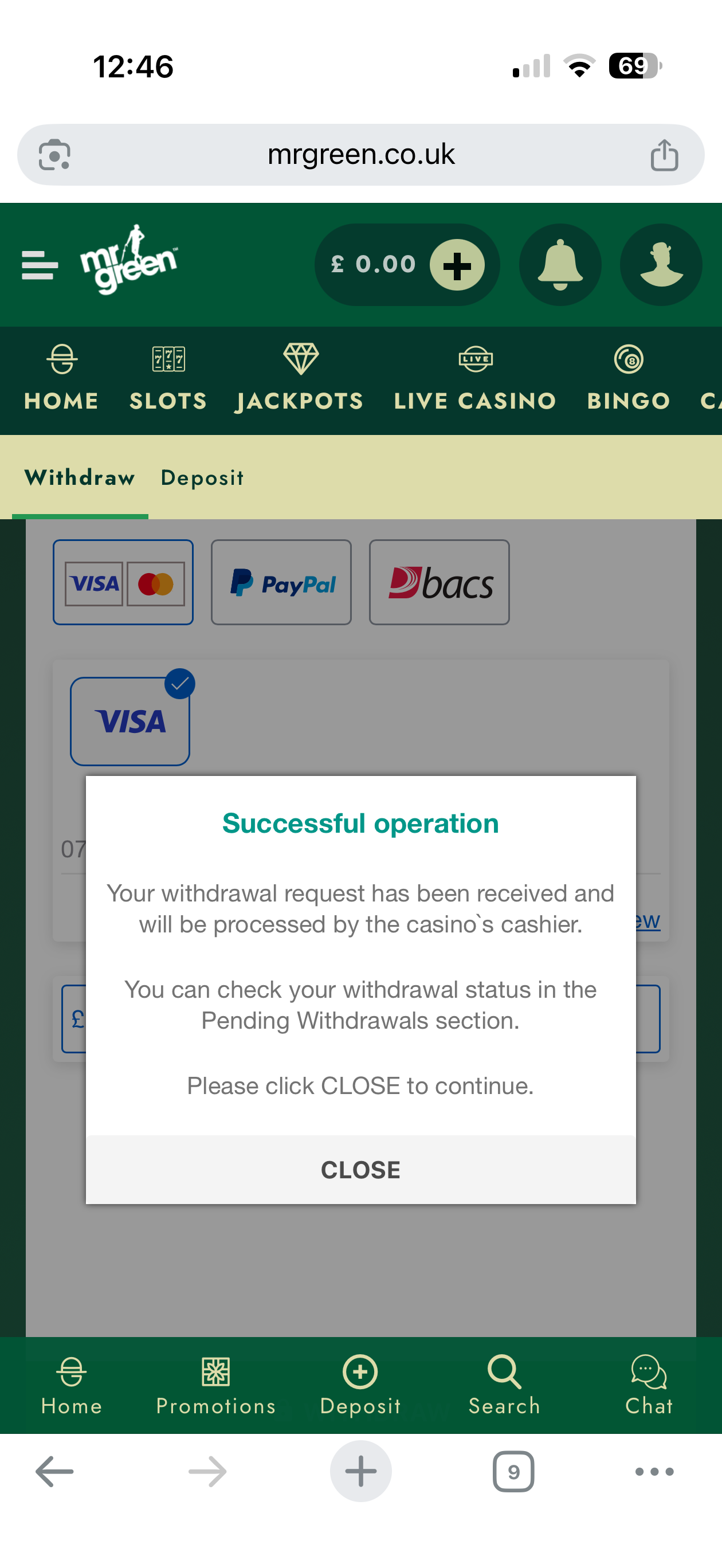 mr green visa withdrawal test: request