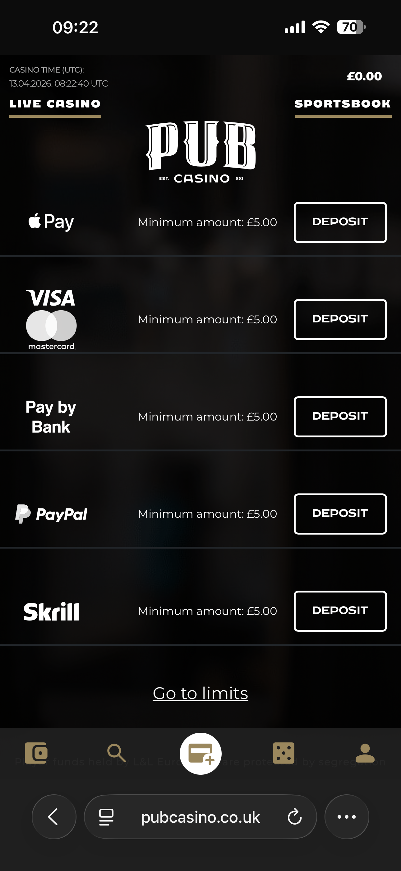 pub casino deposit method list