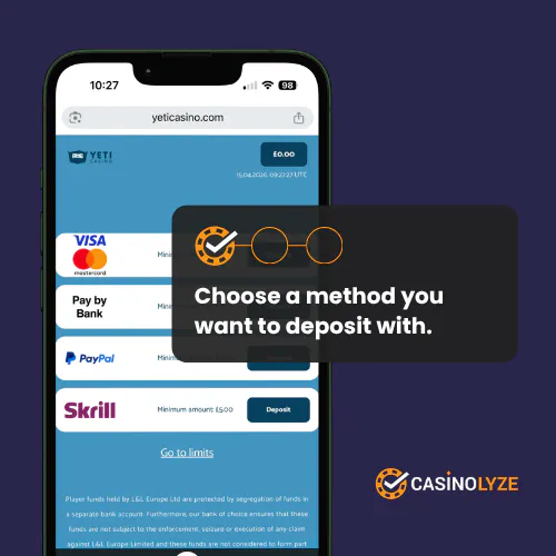 yeti casino deposit process step 1