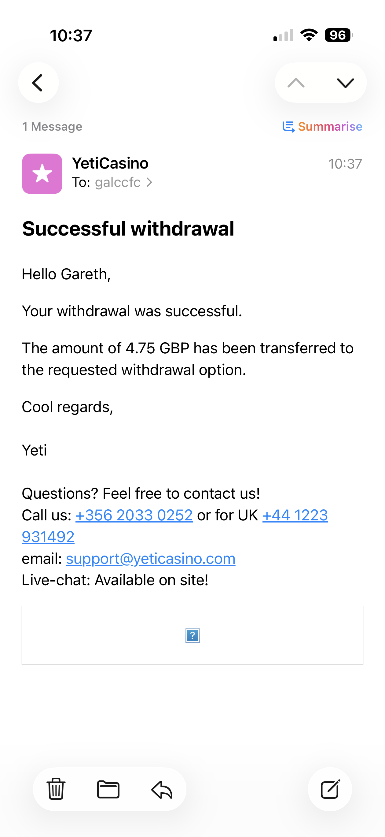 yeti casino withdrawal test with visa: arrival time