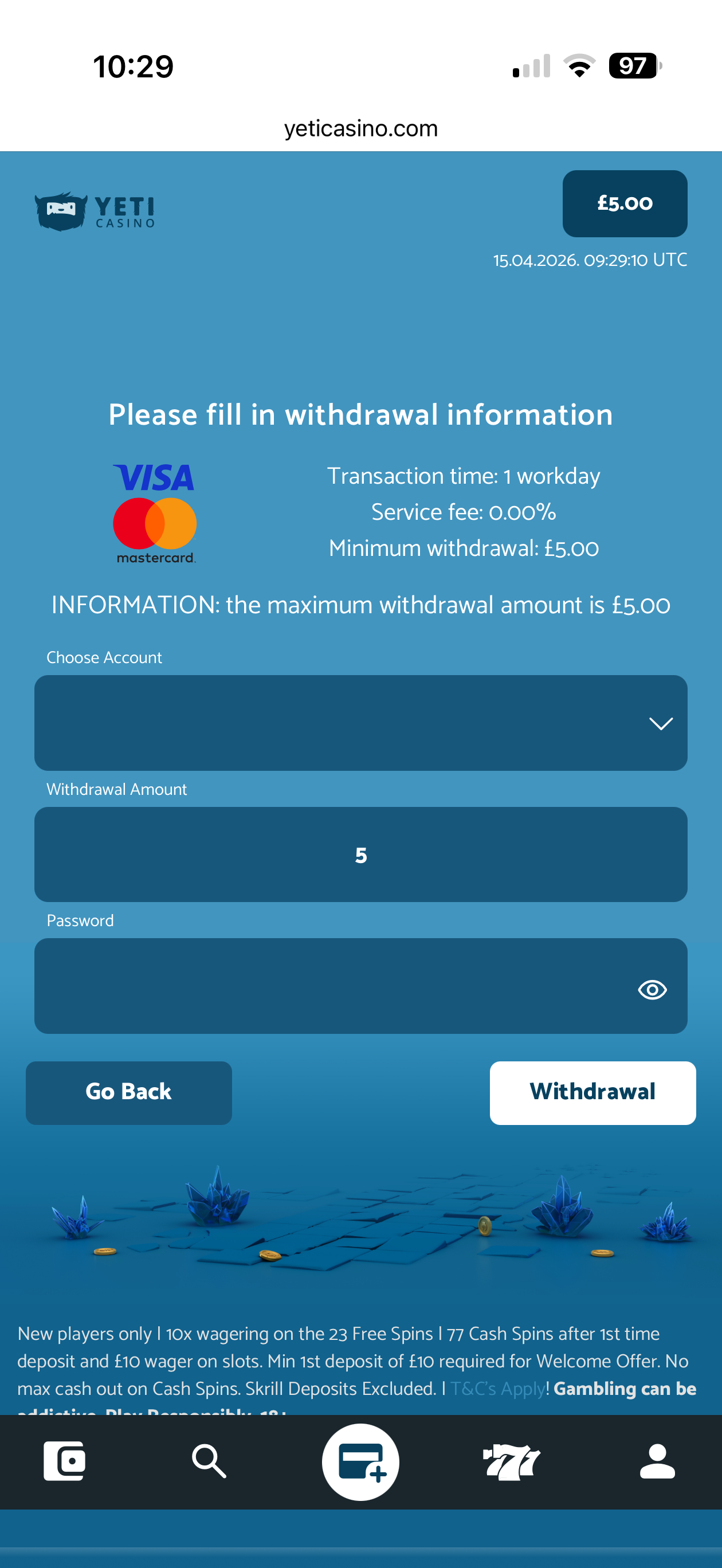 yeti casino withdrawal test with visa: request time
