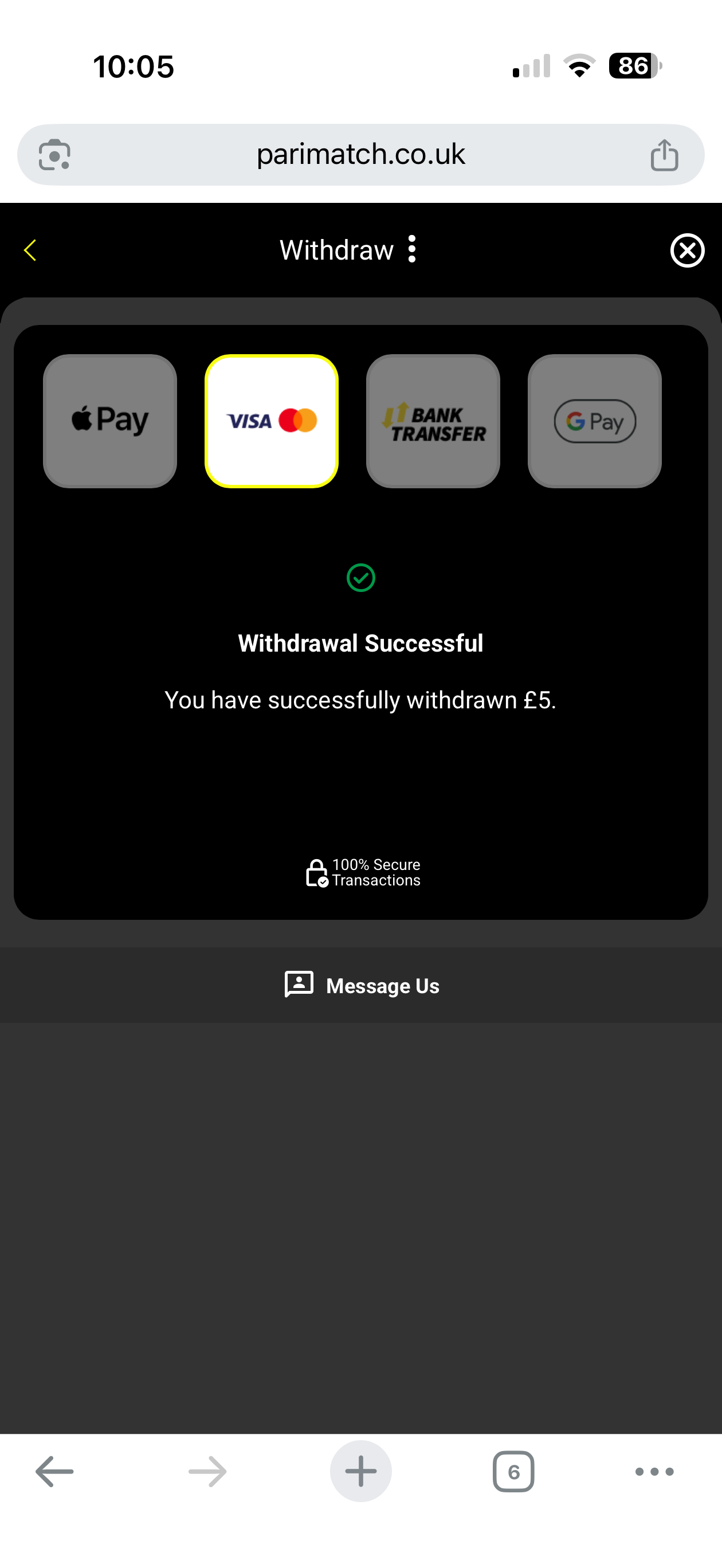 parimatch withdrawal test request with visa
