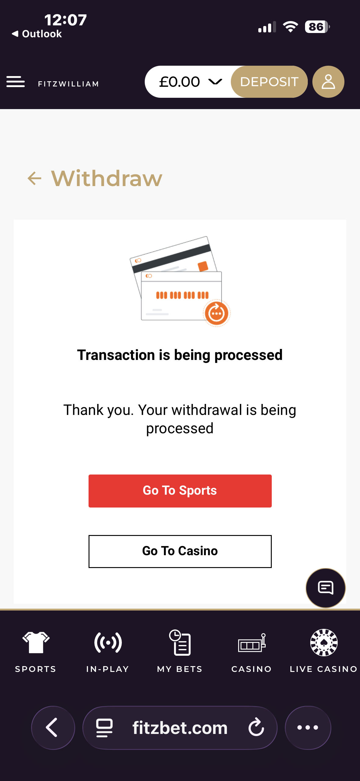 FitzBet withdrawal test with visa request