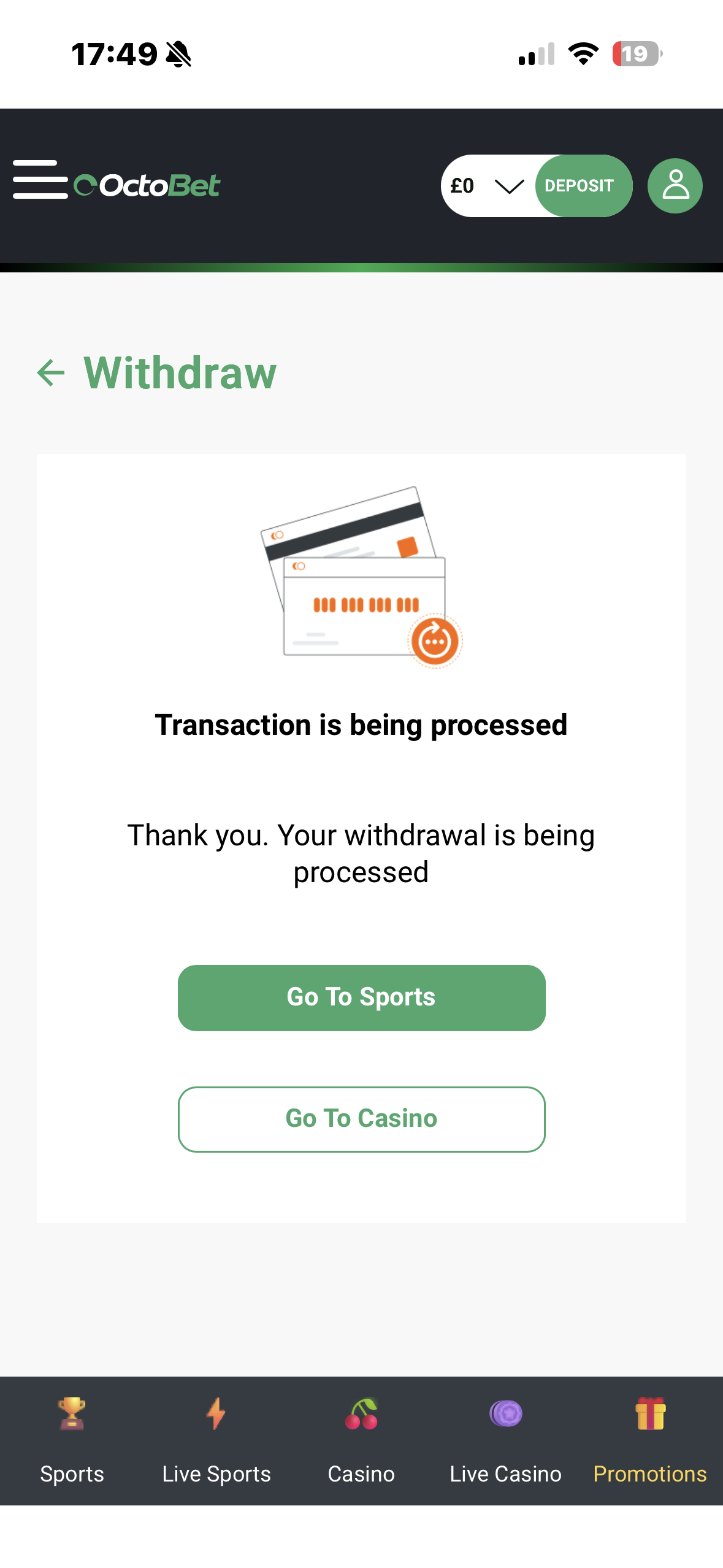 Visa withdrawal request confirmation at Octobet casino