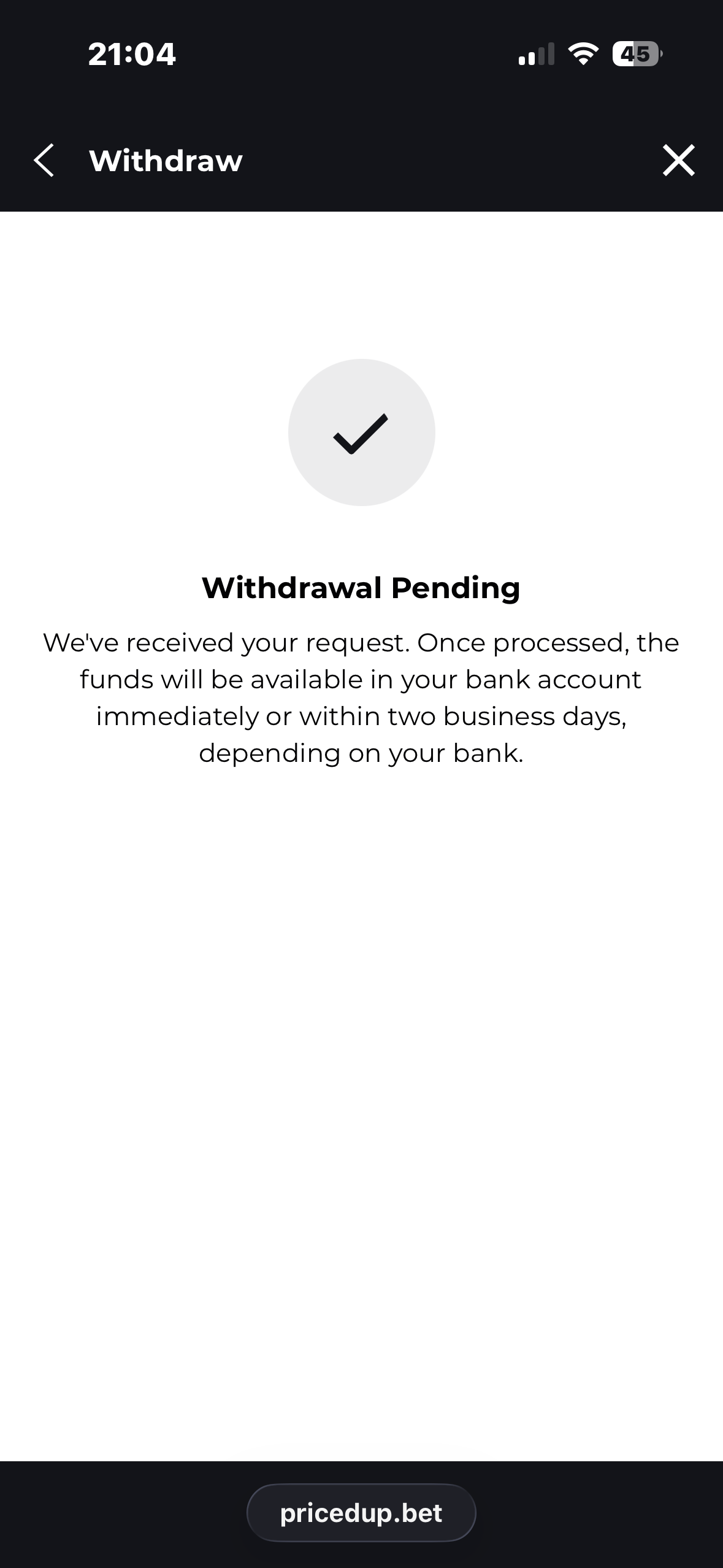 Visa withdrawal request submitted at PricedUp casino