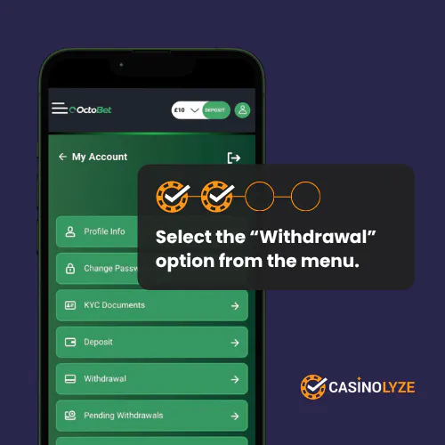 Choosing the withdrawal option in the Octobet cashier