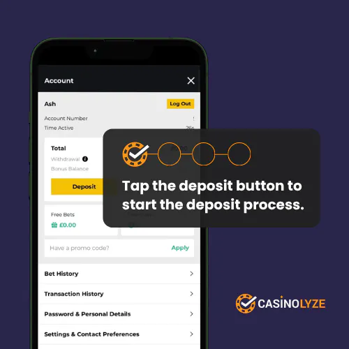 Opening the account section and selecting the deposit option at PricedUp