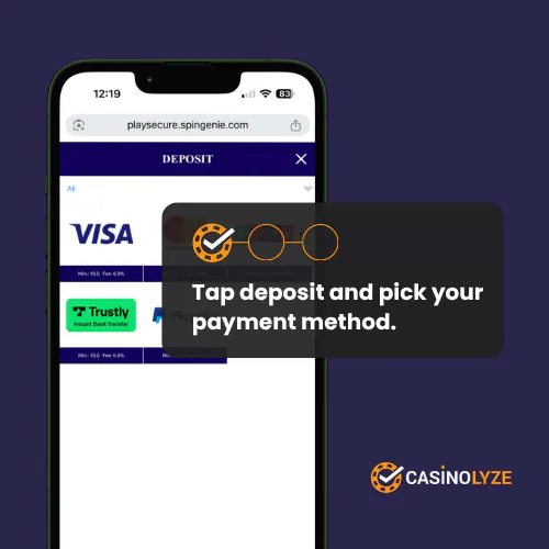 Spin Genie deposit section with available payment methods
