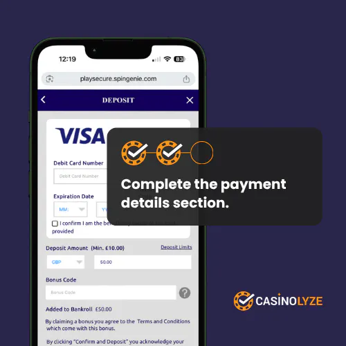 Payment details form being completed for a deposit at Spin Genie