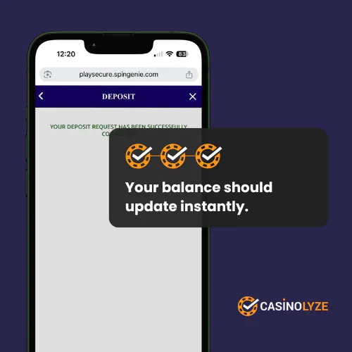 Spin Genie confirmation message after successful deposit