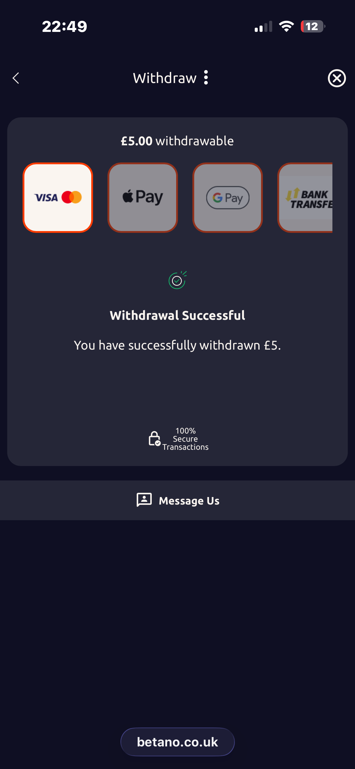 betano visa withdrawal test request