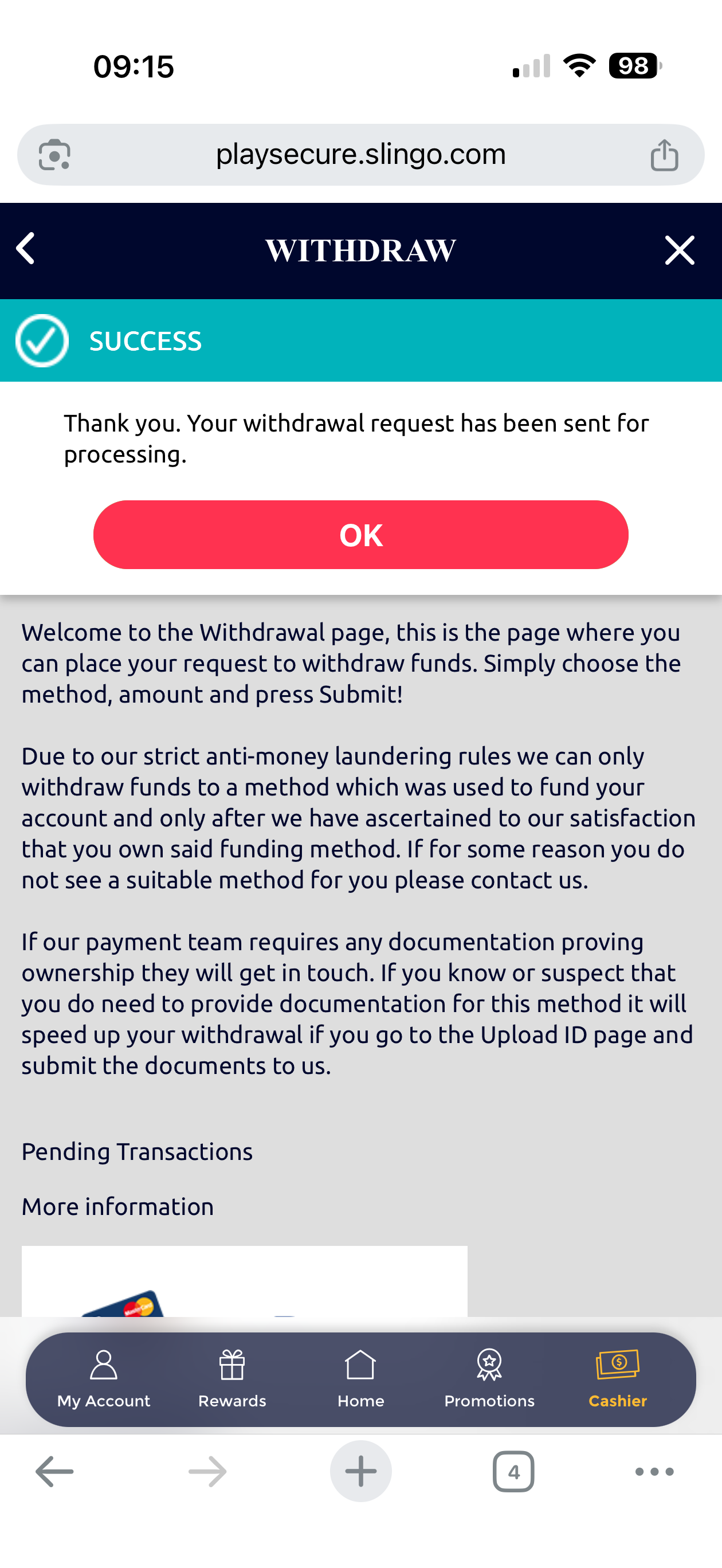 Visa withdrawal request at Slingo