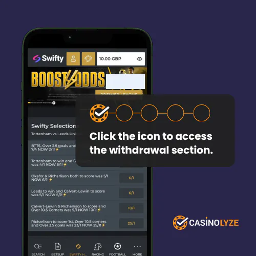 Opening the withdrawal section at Swifty Sports Casino