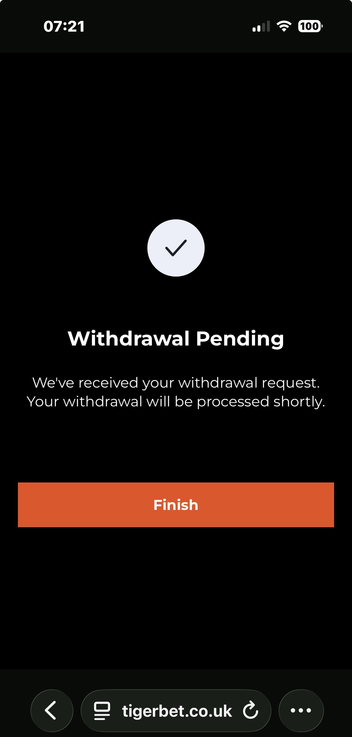 Visa withdrawal test pending confirmation at Tiger Bet