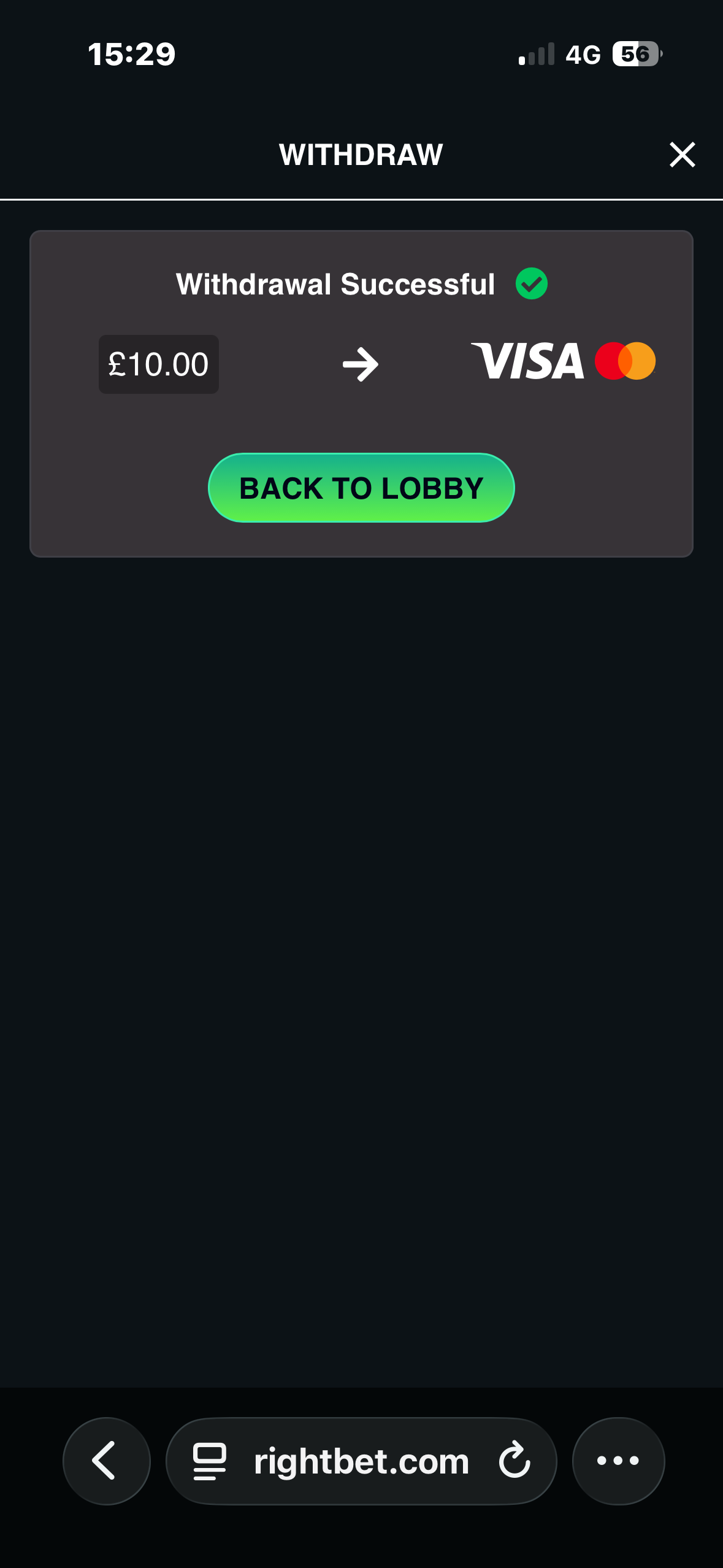 Visa withdrawal test pending confirmation at RightBet