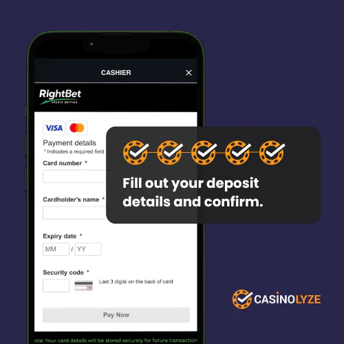 Entering the payment details at RightBet