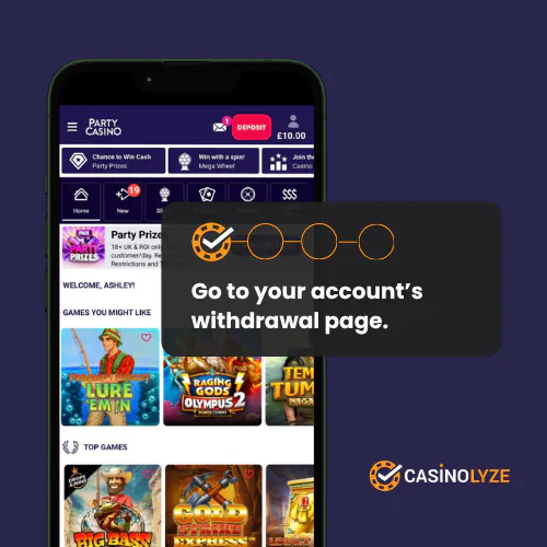 Finding the withdrawal section at Party Casino