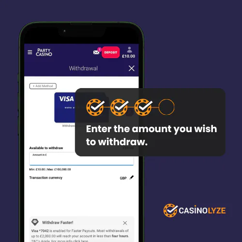 Filling out the withdrawal amount at Party Casino
