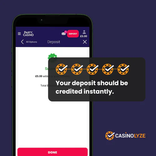 Deposit succesfull confirmation at Party Casino