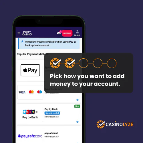 Selecting the payment method at Party Casino