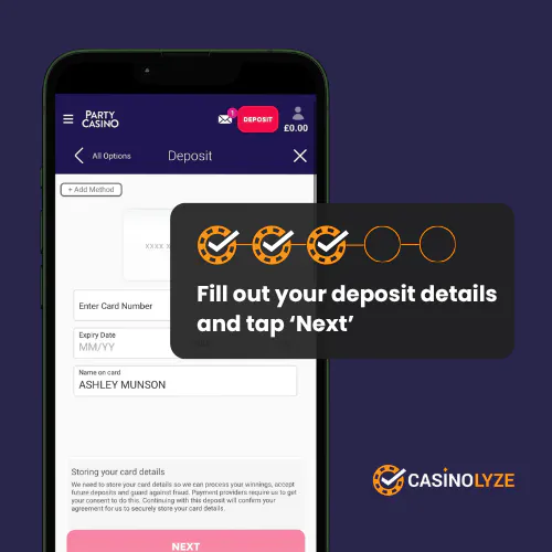 Filling out the payment details at Party Casino