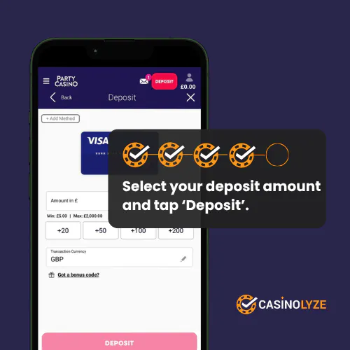 Selecting the deposit amount at Party Casino