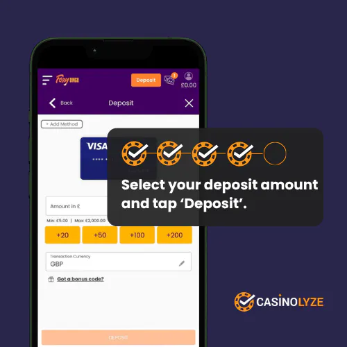 Selecting a deposit amount at Foxy Games