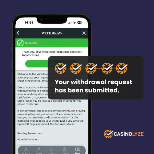 Withdrawal confirmation message at Genting Casino