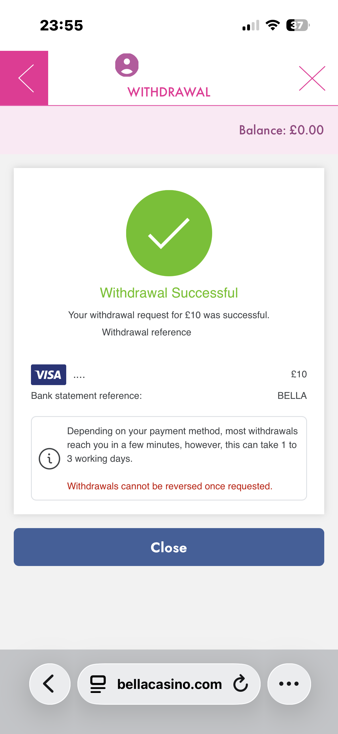 Bella Casino Visa withdrawal test request