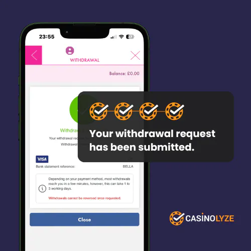 Withdrawal confirmation at Bella Casino