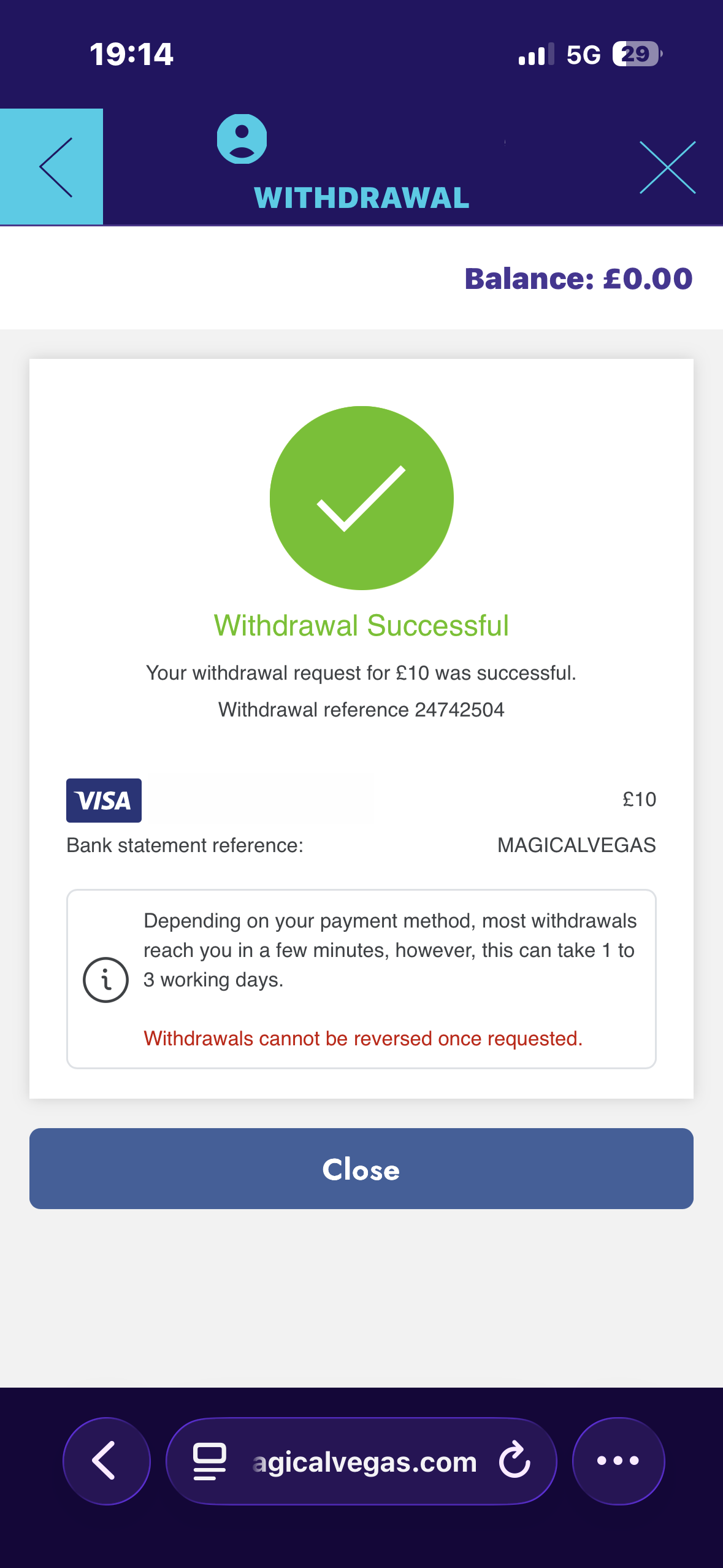 Magical Vegas Visa withdrawal test request