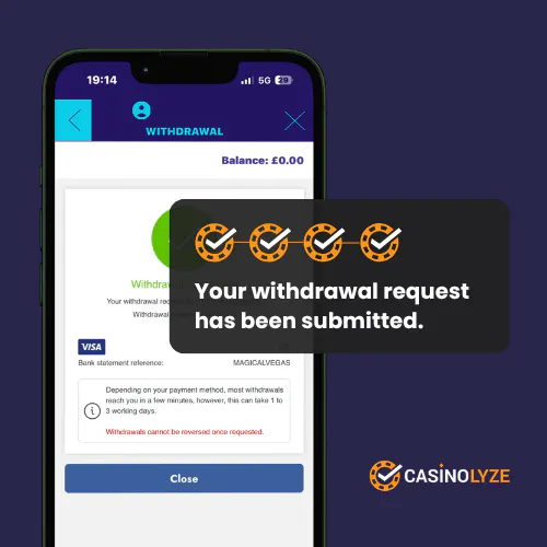 Withdrawal request confirmation at Magical Vegas