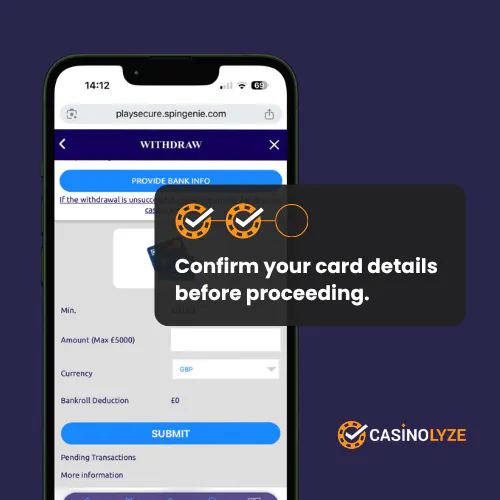 Spin Genie withdrawal card details confirmation