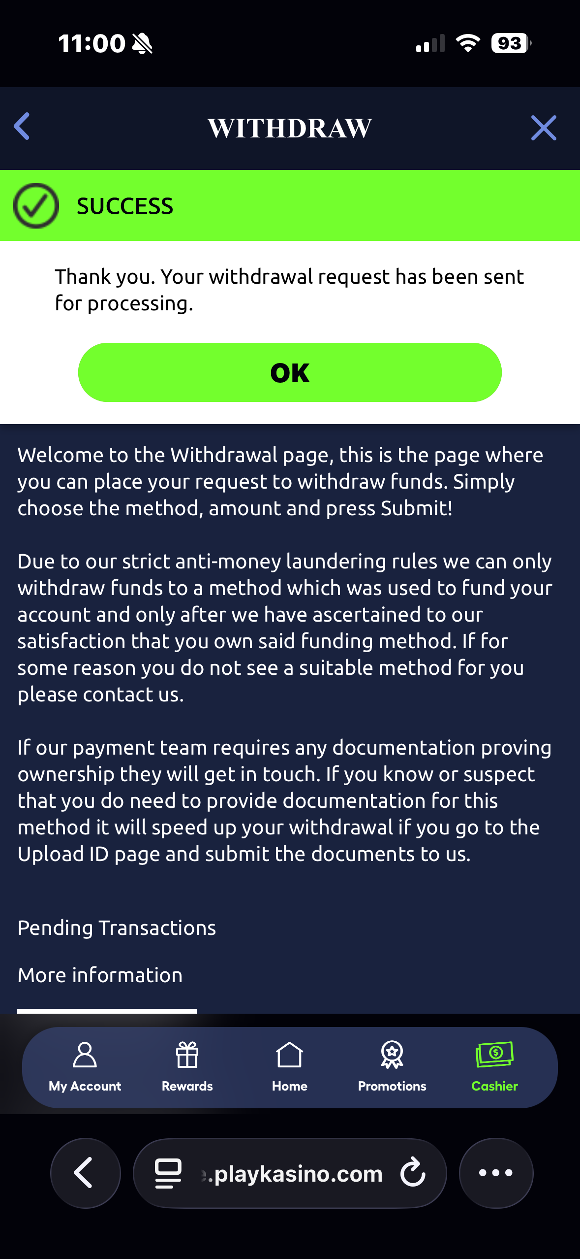 Visa withdrawal test request at PlayKasino