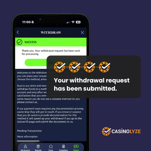 Submitted withdrawal request at PlayKasino