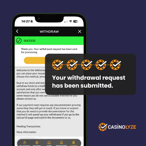 Successful withdrawal request at Megaways Casino
